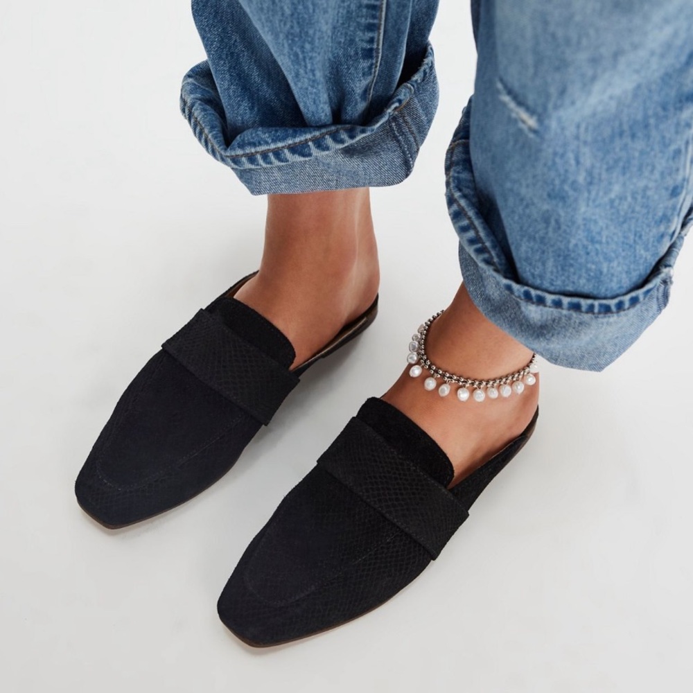 Free People At Ease Embossed Suede Loafers Mules Black Size 37